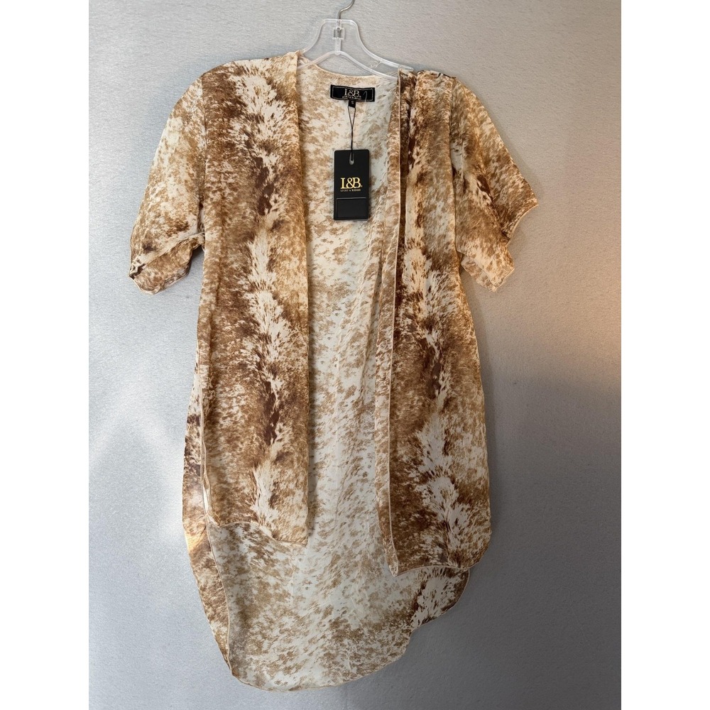 L&B Blouse Womens S Beige Brown Animal Print Sheer Kimono Open Front Top Western